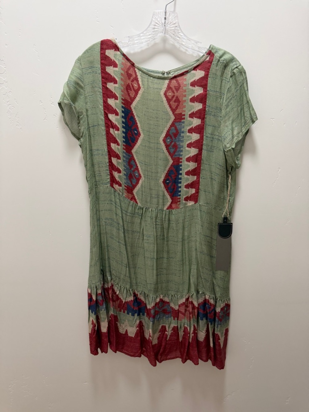Double D Ranch Sage Green Tunic with Red Ikat Panel With Under Garment